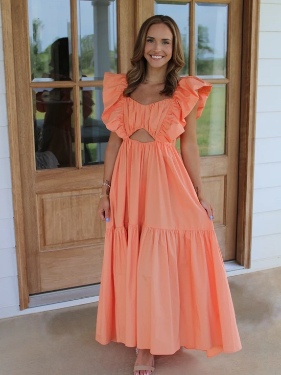 Ina Dresses & Skirts - Ina Coral Peach Ruffle Maxi Dress with Front Cutout Size S 100%Cotton